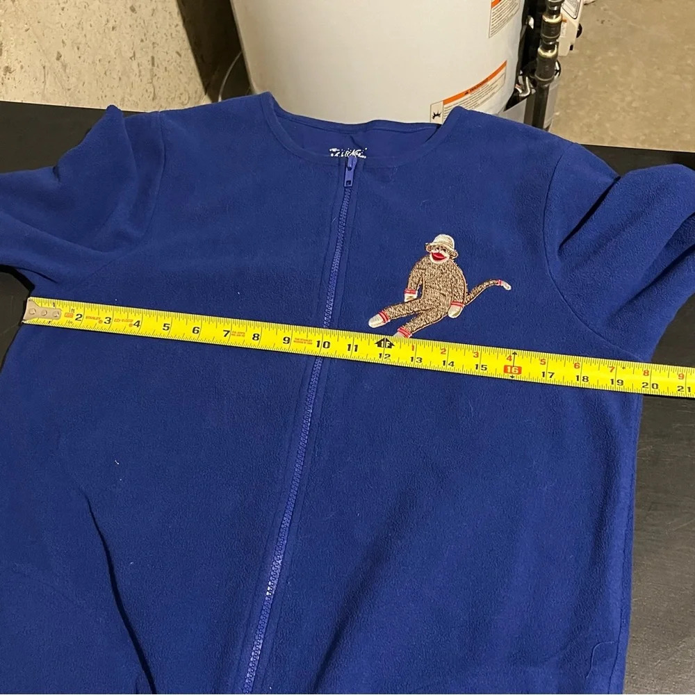 Nick & Nora Sock Monkey Footed Pjs Pajamas M Sleepwear Royal Blue Fleece Pocket - Picture 9 of 12